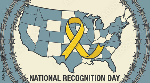 Stylized vector map of the United States with a yellow ribbon and barbed wire for national recognition day