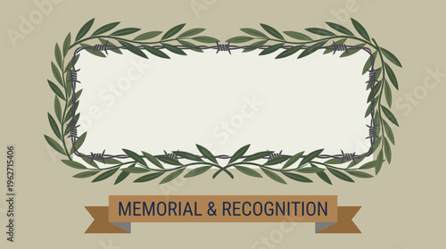 Decorative frame made of olive branches and barbed wire for memorial and recognition day content