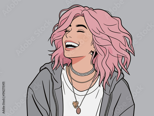 Woman with pink hair laughs while wearing a sweater and jewelry against a gray background