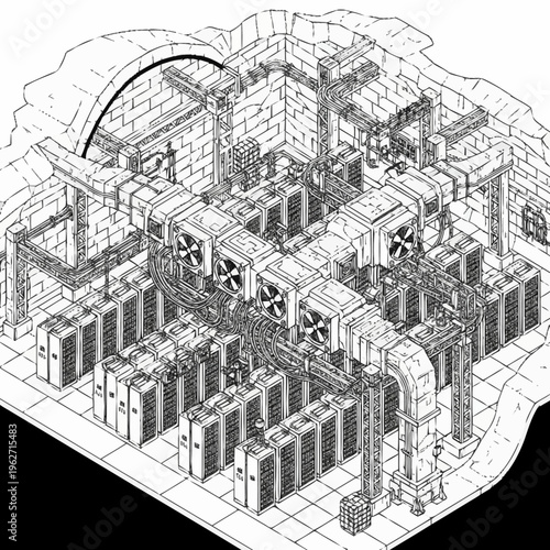 Isometric illustration of a server room with cooling systems and ventilation ducts inside a stone structure.