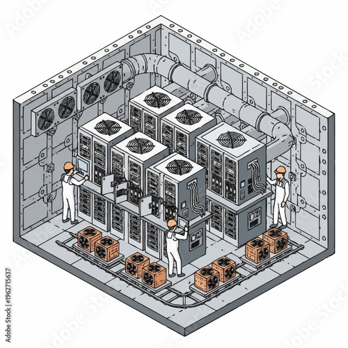 Industrial refrigeration system with multiple cooling units and workers maintaining the equipment.