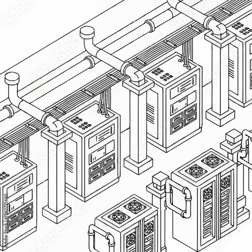 Isometric line art illustration of a server room with cooling units and pipes.