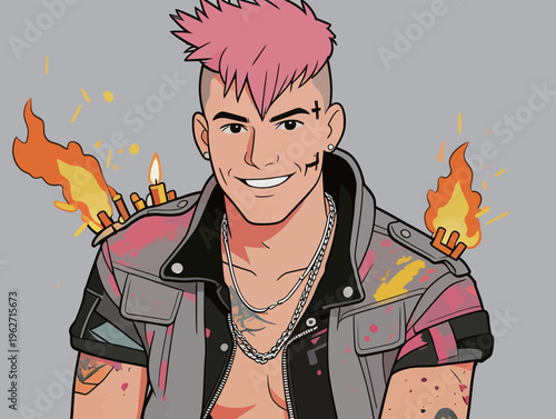 Character designed with bright colors and fire features in an urban style set against a simple gray background