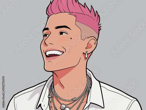 A young man with pink hair smiles while wearing necklaces and a white shirt against a neutral background