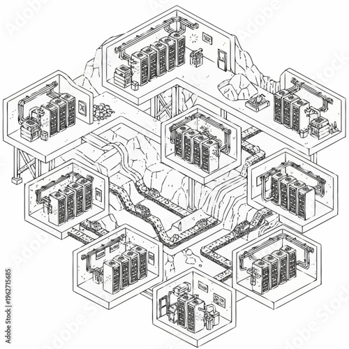 Isometric illustration of a secure underground data center with multiple server rooms connected by tunnels.