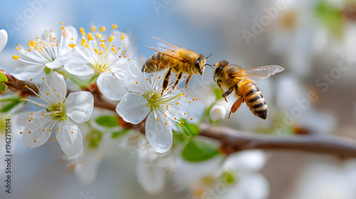 Pollinating Bees Feeding on Spring Blossoms