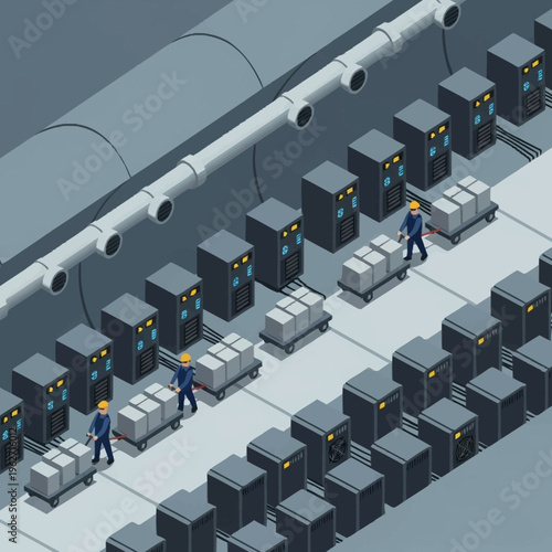 Isometric view of a data center with workers moving server racks on carts.