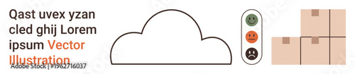 Cloud computing, logistics, customer satisfaction, feedback systems, e-commerce, digital storage. Image includes cloud shape, sentiment icons and packed boxes. Cloud computing and logistics concepts