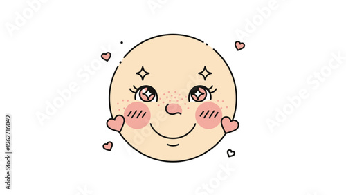 Smiling Cartoon Moon Face with Hearts.