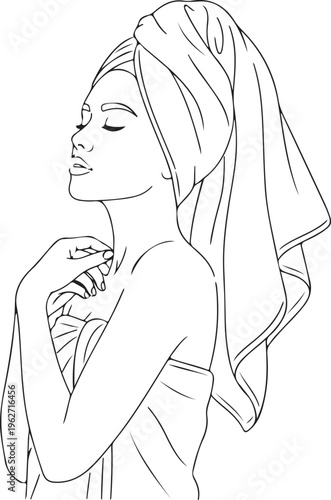 Woman with towel on head, line art beauty, vector illustration, minimalist style