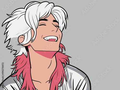 Young adult with white hair smiles brightly against a simple gray background during a fun moment