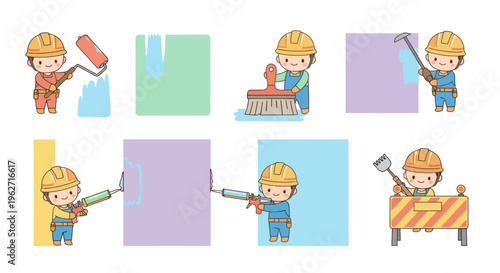 Cute Cartoon Construction Workers with Hard Hats and Building Tools Flat Vector Set