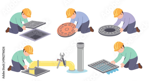 Flat Illustration of Plumbing and Sanitation Workers Repairing Manholes, Drains, and Pipes