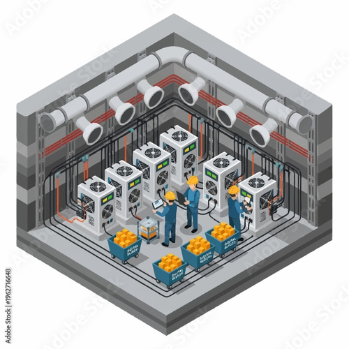 Isometric view of a cryptocurrency mining farm with workers and equipment.