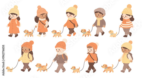 Flat Style Vector Illustration of Diverse Children Walking Dogs in Winter Clothing