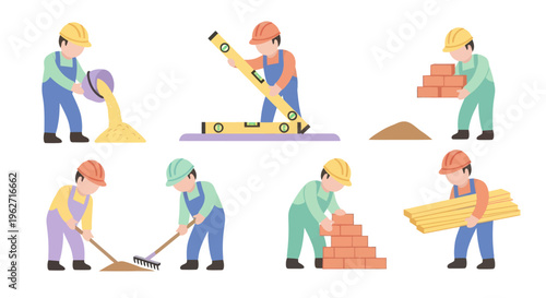 Construction Builders Working Process Flat Vector Illustration with Tools and Materials
