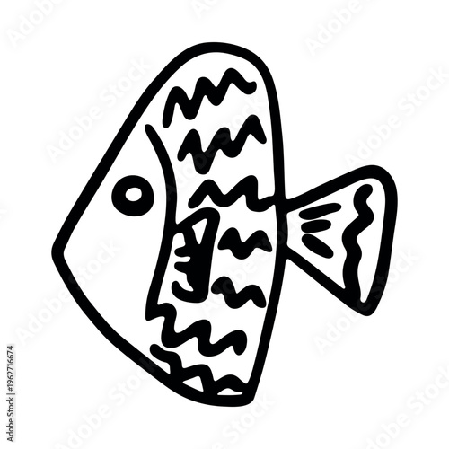Hand drawn happy funny cute fish Adorable friendly kawaii tropical fish Underwater world sea life ocean Fishing seafood For design, kids print, kids books, nursery decor, coloring pages, logo