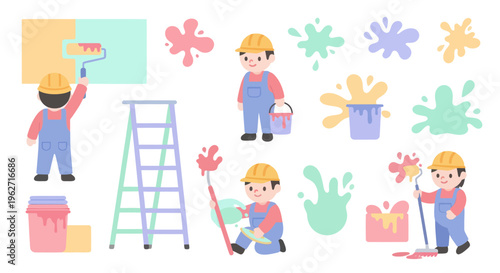 Flat Cartoon Painters Characters with Painting Tools Set for Home Renovation