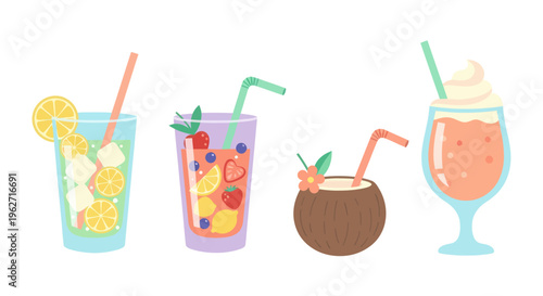 Food  Drink Flat Vector Illustration Set of Summer Refreshing Cocktails and Beverages