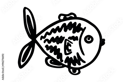 Hand drawn happy funny cute fish Adorable friendly kawaii tropical fish Underwater world sea life ocean Fishing seafood For design, kids print, kids books, nursery decor, coloring pages, logo