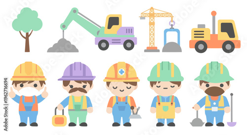 Flat Cartoon Construction Industry Workers and Heavy Machinery Vector Set