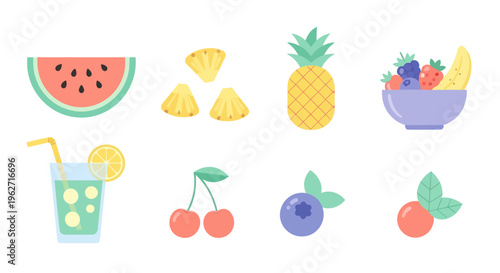 Food  Drink Industry Flat Design Icons: Watermelon, Pineapple, Berries, Cherries, Juice Set