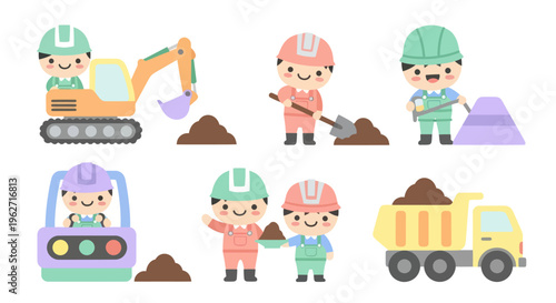 Cute Flat Cartoon Construction Workers and Heavy Equipment Vector Set