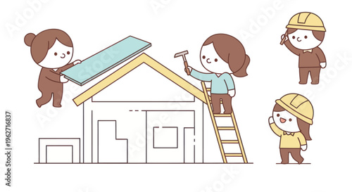 Cute Flat Illustration of People Building a House in the Construction Industry