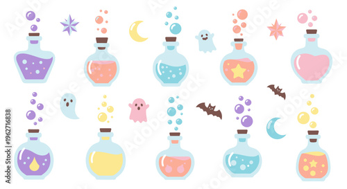 Flat Design Halloween Magic Potions, Cute Ghosts, Bats, Moons and Stars Vector Set
