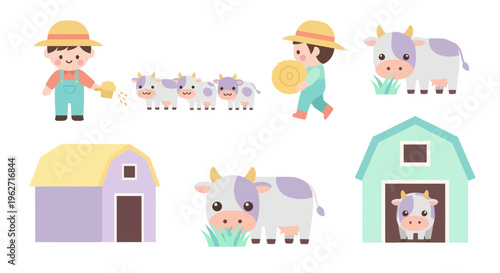 Cute Farm Scene with Farmer, Cows, and Barns Vector Illustration