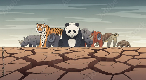 Illustration of various endangered animals standing together on dry, cracked earth with a gray sky, conveying a sense of environmental crisis and conservation