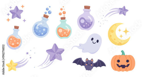 Cute Halloween Vector Icons: Pumpkins, Ghosts, Bats, Potions, Stars, Moon