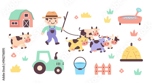 Cute Farm Flat Style Vector Illustration with Farmer, Cows, and Tractor
