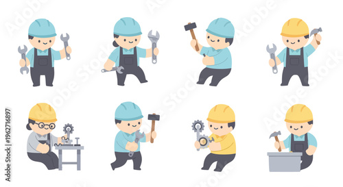 Cute Cartoon Construction Workers with Tools, Flat Style Vector Illustration