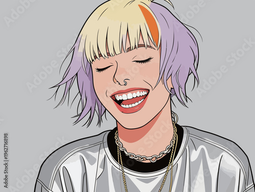 Young woman with short, colorful hair smiles widely in a simple setting with a light background