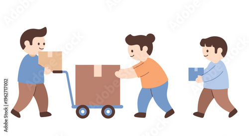 Logistics  Delivery Service: Flat Vector Illustration of Workers Moving Boxes with Hand Truck