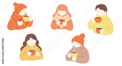 Winter Comfort Lifestyle Flat Design: People in Cozy Clothes Enjoying Hot Drinks Illustration