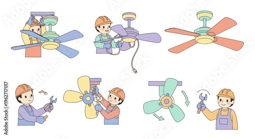 Home Repair Service Workers Installing and Maintaining Ceiling Fans Flat Illustration Set