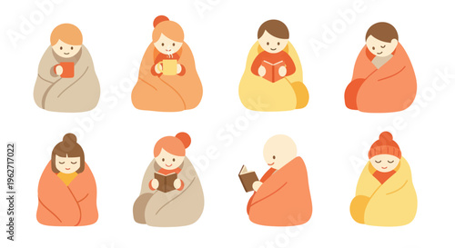 Well-being Lifestyle Flat Illustration: Cozy People Wrapped in Blankets Reading and Drinking