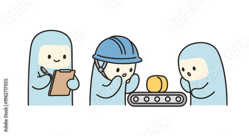Cute Flat Cartoon Vector: Manufacturing Quality Control Workers  Conveyor Belt