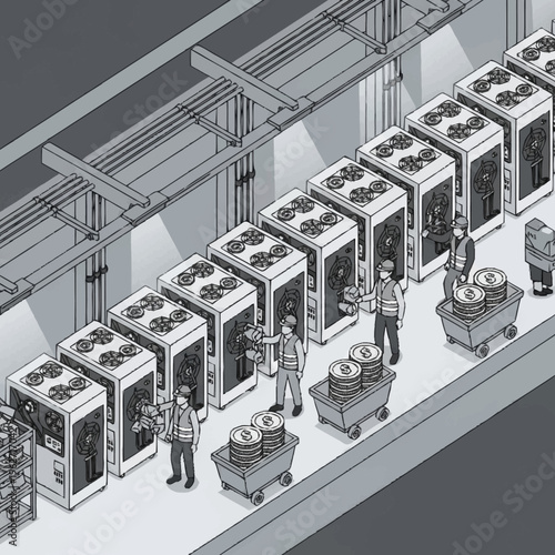 Isometric illustration of a cryptocurrency mining farm with workers handling Bitcoin coins.