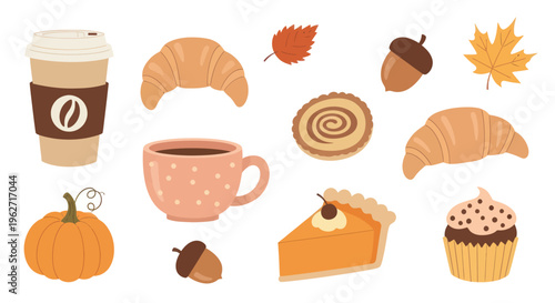 Flat Autumn Fall Food and Drink Vector Illustration Set with Coffee, Pastries, Pumpkin, Acorns