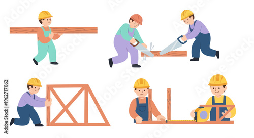 Flat Vector Illustration of Construction Workers Engaged in Carpentry and Building Activities