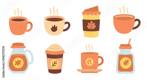 Flat Autumn Fall Beverages Collection: Hot Drinks, Coffee, Tea, Syrup  Cups Icons