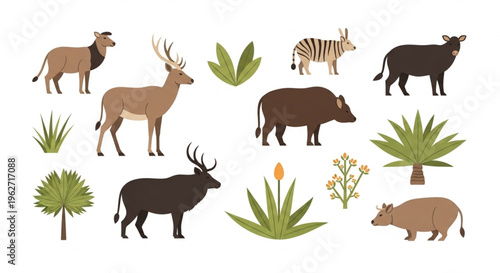 Illustration of a caveman with a club standing next to a rhino and a turtle with a beige background conveying conservation