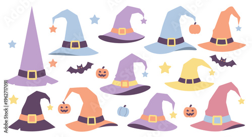 Flat Cartoon Halloween Witch Hats Collection with Spooky Pumpkins and Bats Vector Illustration
