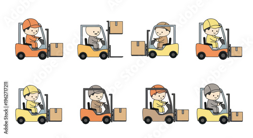 Cute Flat Vector Illustration: Logistics Workers Driving Forklifts Moving Boxes