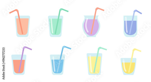 Flat Design Beverage Illustration Set: Colorful Summer Drinks with Straws in Glasses