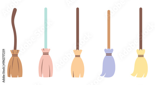 Flat Design Halloween Witches' Brooms and Household Cleaning Tools Vector Set