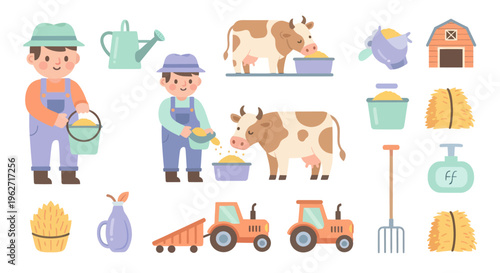 Agriculture Farming Elements Flat Vector Set: Farmers, Livestock, and Farm Equipment